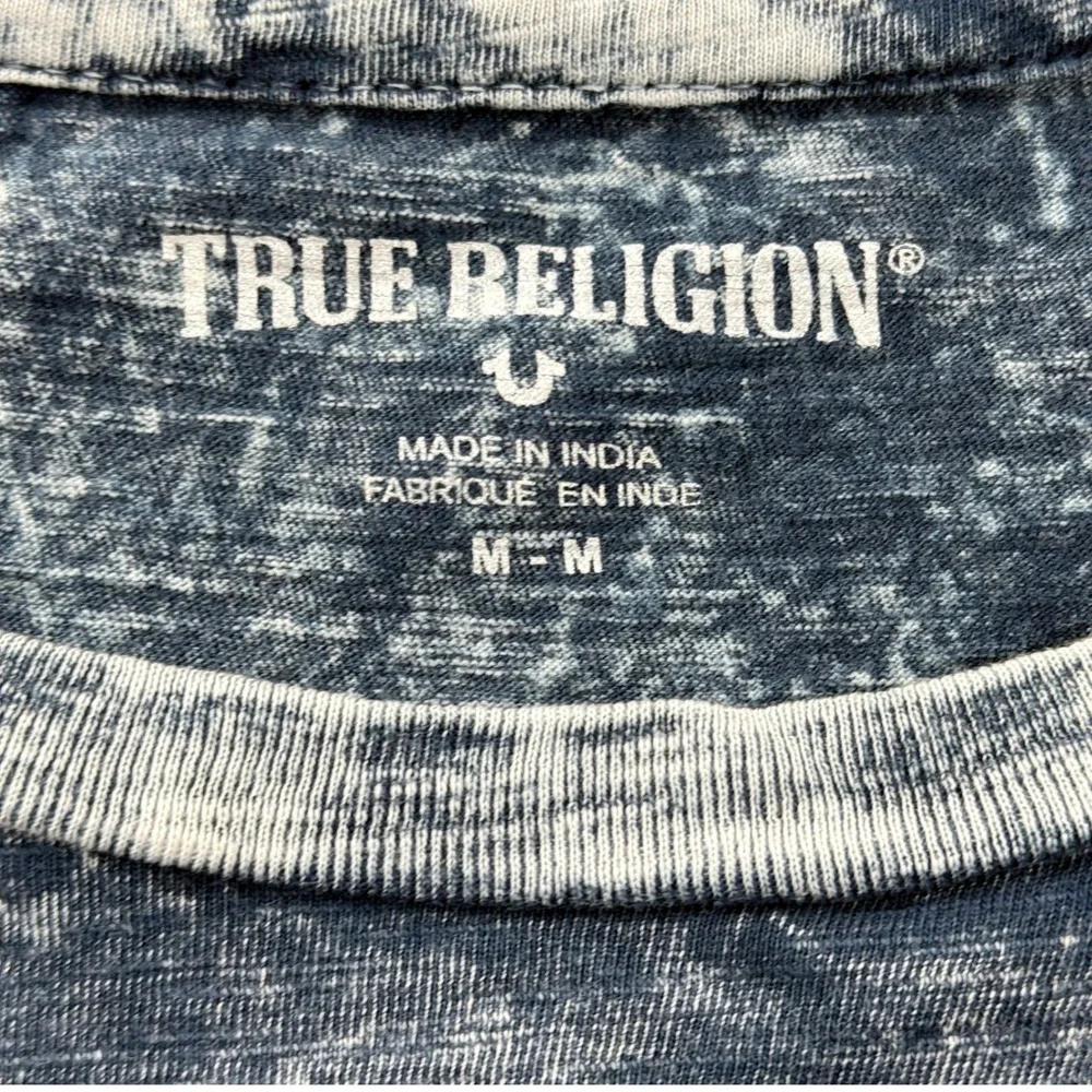True Religion Mens Shirt Medium Embroidered Blue Gray Bleached Look